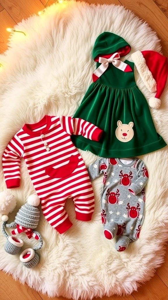 A selection of cute Christmas outfits for babies, including a striped onesie, velvet dress, and reindeer sleeper on a cozy blanket.